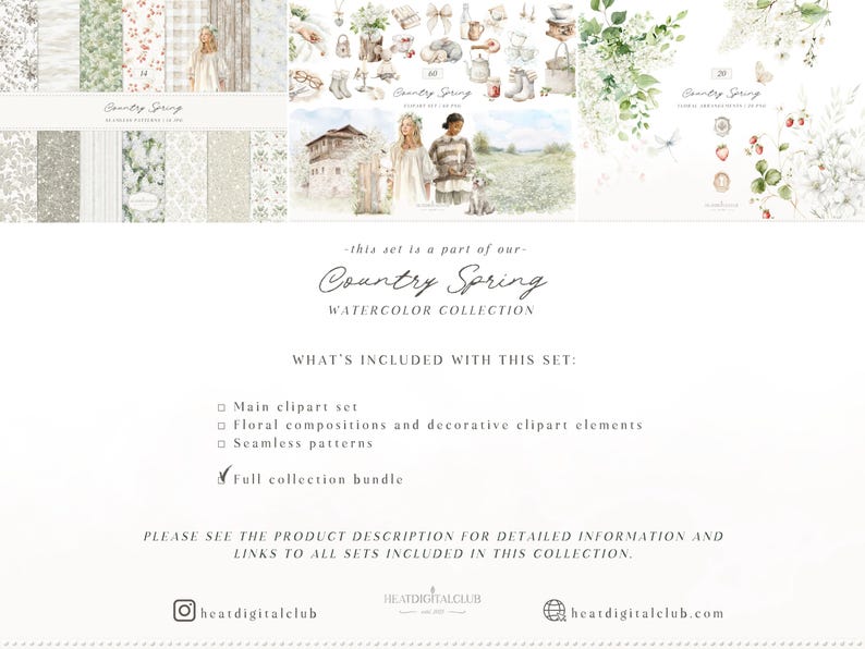 May include: A digital watercolor collection titled "Country Spring" with floral and decorative elements. The image includes a variety of seamless patterns, clipart, and a full collection bundle. The text on the image says "Country Spring Watercolor Collection."