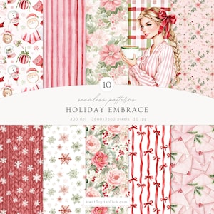 May include: Ten seamless holiday-themed patterns featuring watercolour illustrations. Designs include Santa Claus, snowflakes, floral arrangements, and striped patterns in red, pink, and green. The text "HOLIDAY EMBRACE" is displayed across the image.