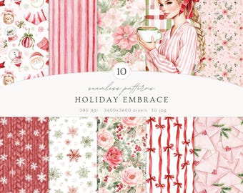 Watercolor Holiday Embrace Seamless Patterns | Cozy Elegant Winter Christmas JPG Digital Paper