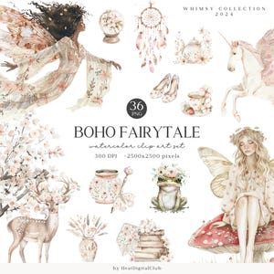 Aquarel Boho Fairytale Clipart-bundel, grillige charmante neutrale bosafbeeldingen, Cottagecore, Fairy png, digitale download