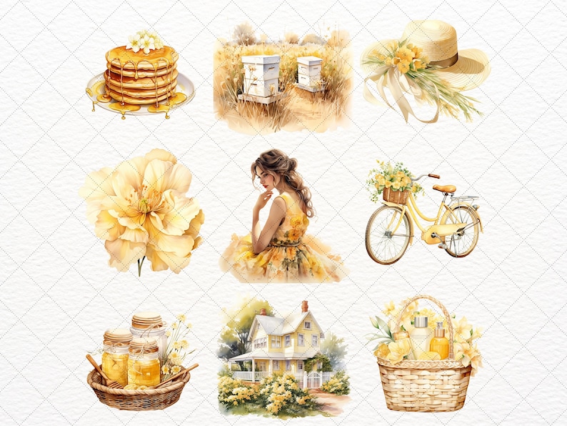 May include: A watercolor illustration set featuring a yellow and white color scheme. The set includes a stack of pancakes with syrup, a beehive, a woman in a yellow dress, a bicycle with flowers, a basket of flowers, a house, and a jar of honey.