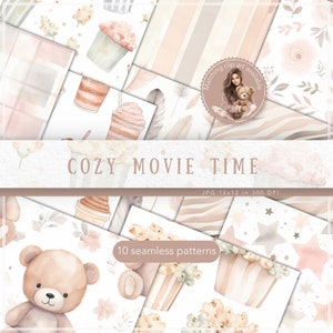 May include: Ten digital paper patterns in a watercolor style with a cozy movie night theme. The patterns feature bears, popcorn, drinks, stars, and feathers in shades of pink, brown, and white. The text "COZY MOVIE TIME" and "10 seamless patterns" is included in the image.