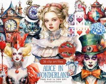 May include: A set of 36 digital clip art files featuring watercolor illustrations of characters from Alice in Wonderland. The illustrations include Alice, the Mad Hatter, the Queen of Hearts, the Cheshire Cat, and a teapot. The illustrations are in a whimsical style and are perfect for scrapbooking, card making, and other creative projects.