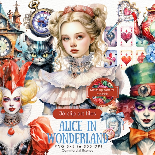 Watercolor Alice in Wonderland Clipart, Alice Clip Art, Alice Adventures Mad Hatter Tea Party Eat Me Drink Me White Rabbit Key Illustration