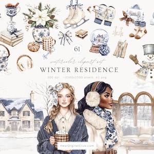 Könnte beinhalten: Aquarell-Clipart-Set mit dem Titel "Winter Residence" mit verschiedenen winterlichen Illustrationen. Enthält Bilder von Schlittschuhen, Fäustlingen, einem Schneemann, einer Schneekugel und zwei Frauen. Das Set enthält auch ein Haus, ein gemütliches Wohnzimmer und andere winterliche Objekte.
