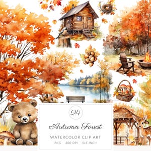 Clipart de aquarela aconchegante de floresta de outono, pacote de PNG de paisagem romântica de floresta de outono para uso comercial, clipart de animais fofos da floresta, adesivos