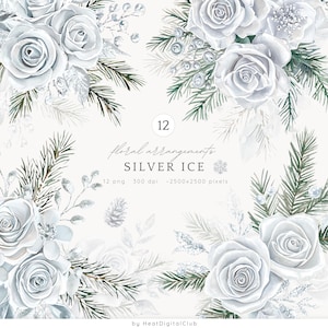 Arranjo de gelo prateado aquarela ClipArt, Pacote de clipart de rosas de inverno aconchegantes, Flores de inverno PNG, clipart de Natal, Download digital