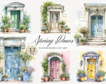Watercolor Spring Doors Clipart, Spring Clip Art, garden png graphics, front door, spring flowers, watercolor flowers png, entrance download