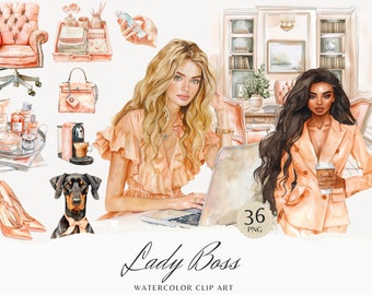 Watercolor Lady Boss Clipart, Business Woman PNG (Digital Download)