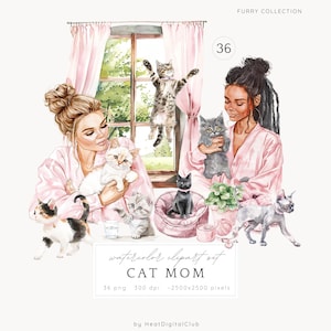 Aquarelle maman chat clipart, clipart amoureux des chats, chats PNG, lot de cliparts chat, images de chaton mignon, graphiques de races de chat, téléchargement numérique
