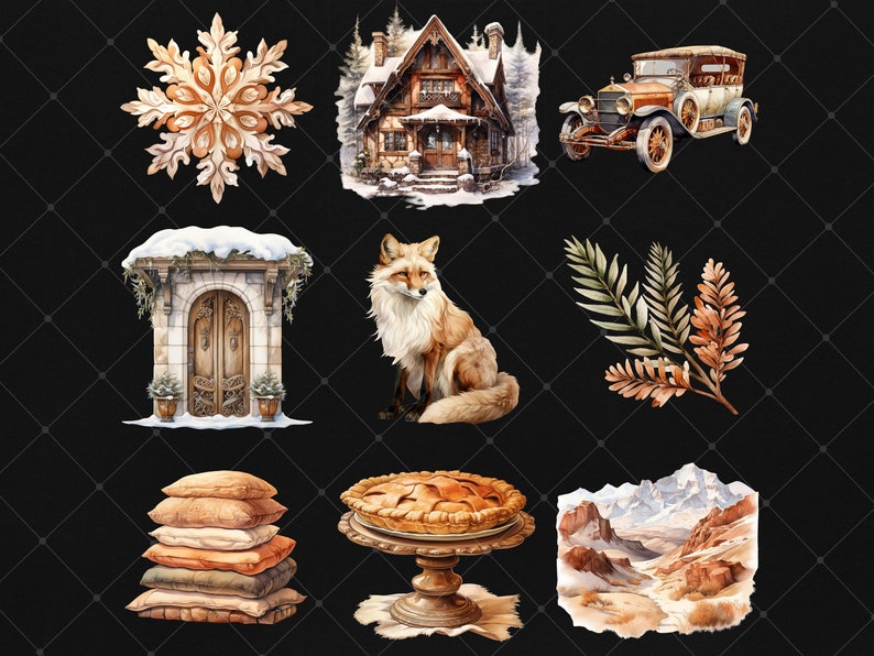 May include: A digital illustration set featuring a variety of winter and nature-themed elements, including a snow-covered cottage, a fox, a snowflake, a vintage car, a pie on a pedestal, a doorway, a pile of pillows, and a mountain landscape.