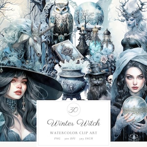 Paquete de imágenes prediseñadas de acuarela de bruja de invierno PNG, imágenes prediseñadas mágicas, ilustraciones paganas de brujería mística, descarga digital espeluznante oculta de fantasía