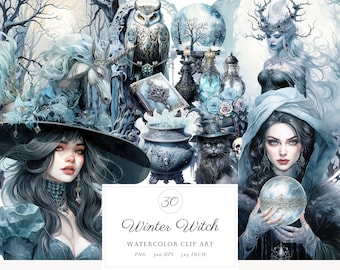 Pacchetto di clipart di acquerelli di streghe invernali PNG, clip art magiche, illustrazioni pagane di stregoneria mistica, download digitale di fantasia occulta spettrale