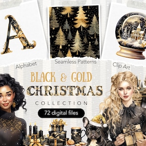Paquete de imágenes prediseñadas navideñas en acuarela negra y dorada, imágenes prediseñadas festivas PNG, gráficos navideños acogedores, calcomanías digitales de Navidad, uso comercial
