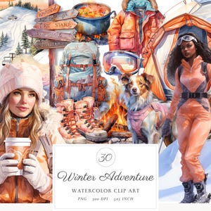 Paquete de imágenes prediseñadas de aventuras invernales en acuarela, imágenes prediseñadas PNG de viajes, campamentos, esquí, caminatas, vacaciones, descarga digital de gráficos de cabañas, uso comercial