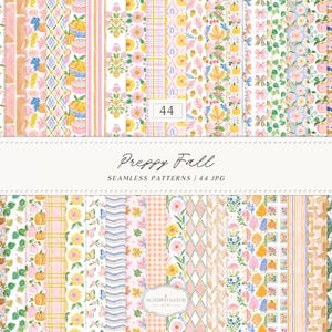 Op de afbeelding: Een collectie van vierenveertig naadloze digitale patronen met herfstthema's, waaronder pompoenen, eikels, bladeren, bloemen en ruitpatronen in een pastelkleurenpalet. De tekst "Preppy Fall" en "44" zijn zichtbaar op de afbeelding.