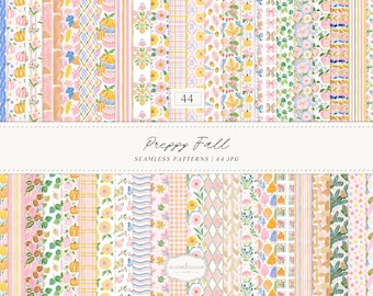 Watercolor Preppy Fall Seamless Patterns, Colorful Autumn Floral Plaid JPG Collection (Digital Download)