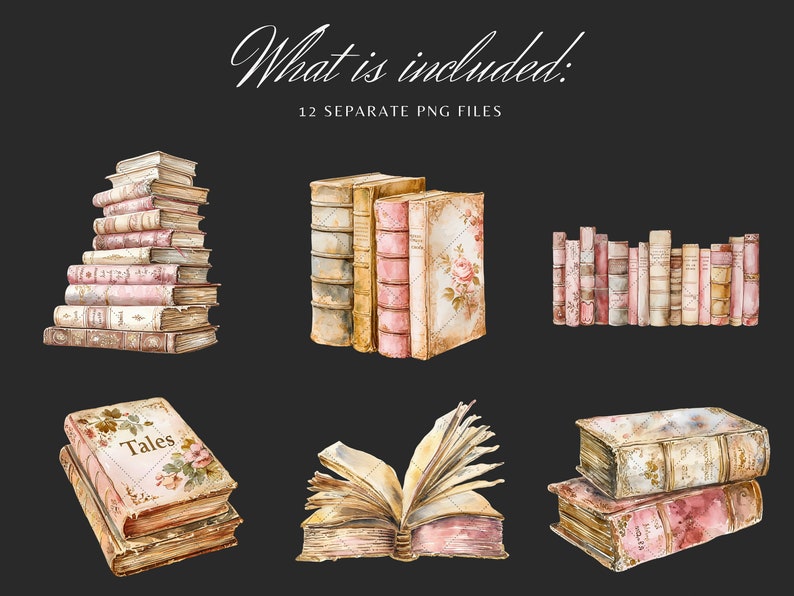 May include: A set of 12 watercolor illustrations of vintage books. The books are in various shades of pink, brown, and cream. Some of the books have floral designs on the covers. The illustrations are perfect for adding a touch of vintage charm to your projects.