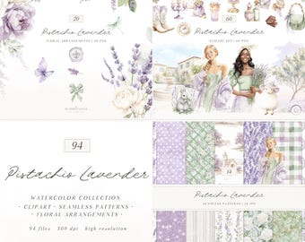 Watercolor Pistachio Lavender Clipart, French Countryside Aesthetic PNG, Lavender Field Clipart, Romantic Spring PNG, Digital Download