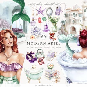 Aquarell moderne Ariel Clipart, Meerjungfrau Clip Art, Ozean PNG, Ariel Clipart, Sea Princess PNG, Fantasy Aufkleber, digitale Kunst, kommerzielle Nutzung