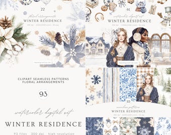 Könnte beinhalten: Eine digitale Kunstsammlung mit Winterthema. Das Bild zeigt Aquarellillustrationen von Blumenarrangements, nahtlosen Mustern und Porträts. Die Farbpalette umfasst Blau-, Weiß- und Goldtöne. Der Text "WINTER RESIDENCE" wird angezeigt.