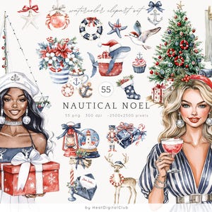 Clipart Noël nautique aquarelle, clipart Noël hiver, Png marin, graphiques de Noël nautique, Noël côtier, téléchargement numérique