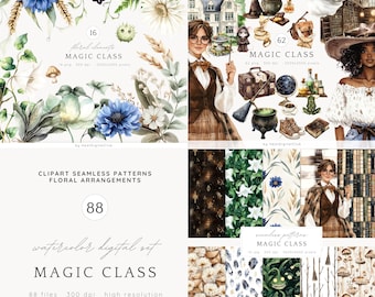 Imágenes prediseñadas de clase de magia en acuarela, imágenes prediseñadas de escuela de magos, imágenes prediseñadas de brujas, imágenes prediseñadas de escuela de magia, mundo mágico, fantasía encantada, descarga digital
