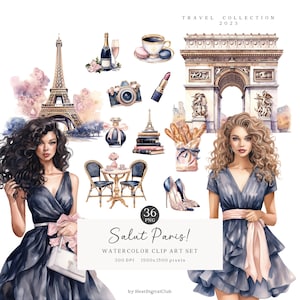 Zestaw akwareli Salut Paris Clipart, Wieża Eiffla Clip Art, Croissant, Romantyczny Paryż Francja PNG, francuski Natychmiastowe pobieranie Komercyjne użycie