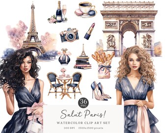 Watercolor Salut Paris Clipart Bundle, Eiffel Tower Clip Art, Croissant, Romantic Paris France PNG, french Instant Download Commercial Use