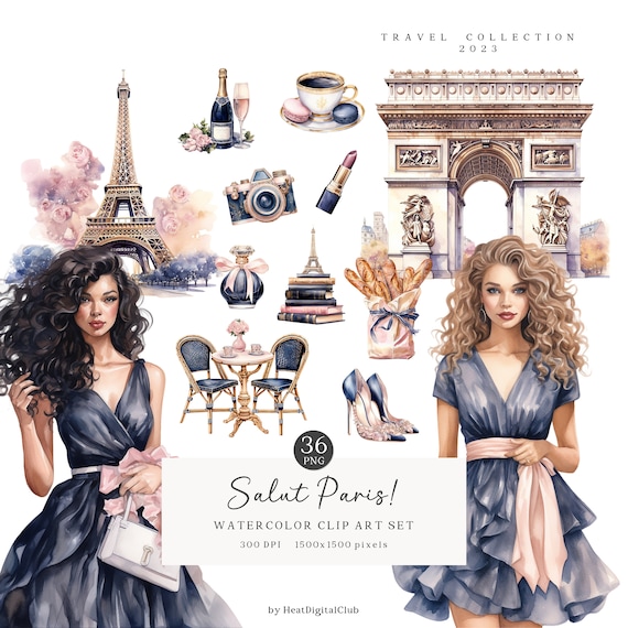 Watercolor Salut Paris Clipart Bundle, Eiffel Tower Clip Art, Croissant, Romantic Paris France PNG, french Instant Download Commercial Use