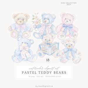 Aquarell Pastell Teddybär Clipart Bundle, niedlicher Teddybär PNG Bundle, rosa und blau Grandmillennial Preppy Baby Bär Clipart Bundle
