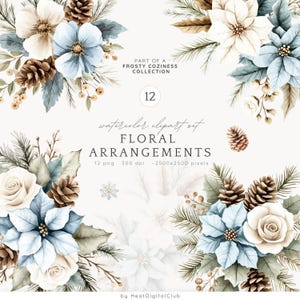 Arranjo Floral de Inverno em Aquarela ClipArt, Pacote de Clip Art de Inverno Aconchegante, Flores de Inverno PNG, Clipart Cottagecore, Download Digital