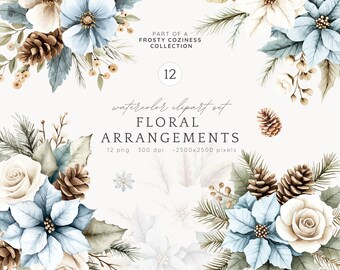Watercolor Winter Floral Arrangement ClipArt, Cozy Winter Clip Art Bundle, Winter Flowers PNG, Cottagecore clipart, Digital Download