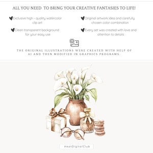 May include: Watercolor illustration of a bouquet of white calla lilies in a terracotta vase, with a gift box, a bottle of perfume, and macarons. The text "Heat Digital Club" is at the bottom of the image.