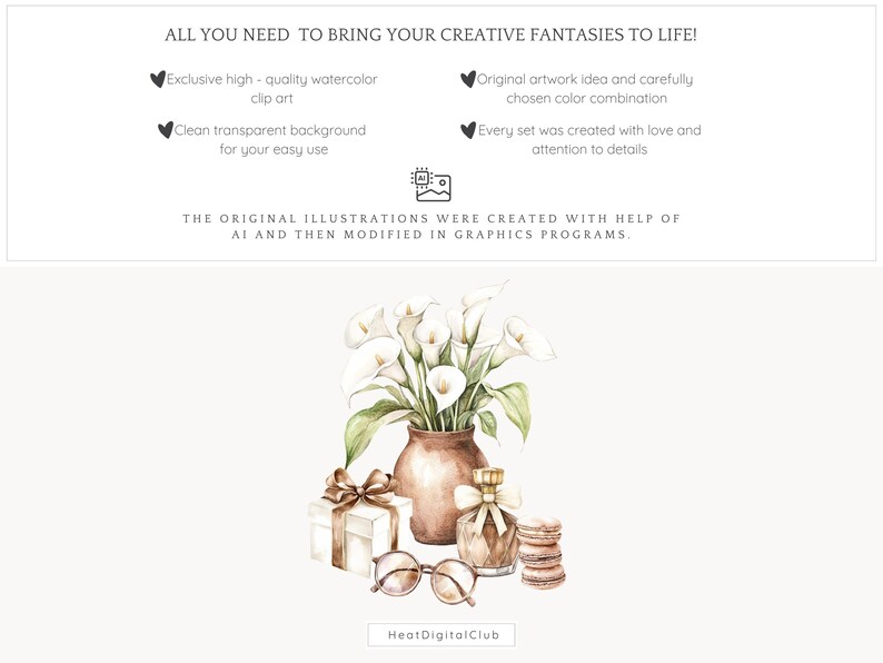 May include: Watercolor illustration of a bouquet of white calla lilies in a terracotta vase, with a gift box, a bottle of perfume, and macarons. The text "Heat Digital Club" is at the bottom of the image.
