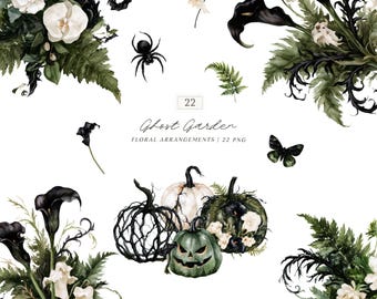 Watercolor Gothic Floral Arrangements Clipart, Ghost Garden Dark Botanical PNG Collection (Digital Download)