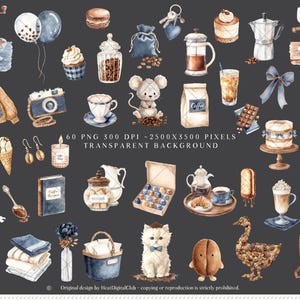 May include: A collection of watercolour illustrations featuring coffee-themed items and accessories. The image includes a coffee grinder, coffee beans, a French press, a camera, a sweater, a dress, a cat, a mouse, and other decorative elements. The colour palette is beige, blue, and brown.