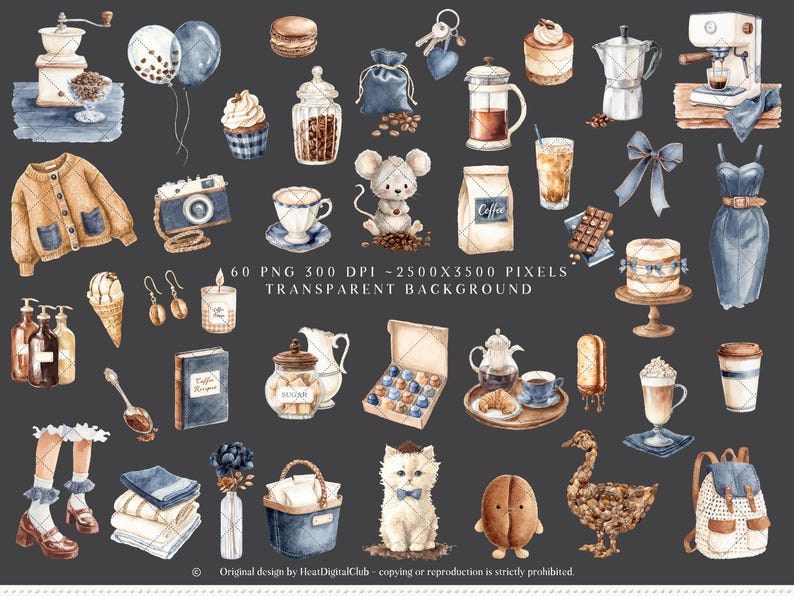 May include: A collection of watercolour illustrations featuring coffee-themed items and accessories. The image includes a coffee grinder, coffee beans, a French press, a camera, a sweater, a dress, a cat, a mouse, and other decorative elements. The colour palette is beige, blue, and brown.