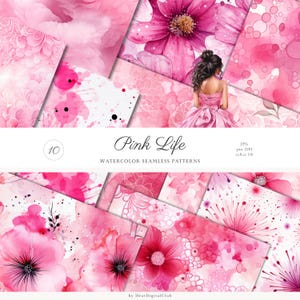 10 nahtlose Aquarell-Pink-Muster, Blumen-JPEG, botanische digitaler Download, magentafarbenes sich wiederholendes Muster, digitale Papiere, Scrapbook-Papier