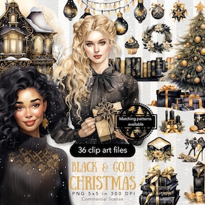 Paquete de imágenes prediseñadas navideñas en acuarela negra y dorada, imágenes prediseñadas festivas PNG, gráficos navideños glamorosos, calcomanías digitales navideñas, uso comercial