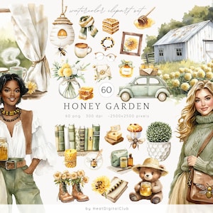 Aquarell Honig Garten Clipart, Biene Clipart, digitale Aufkleber, Cottagecore PNG, Honigwabe Clipart, Imkerei Clipart, digitaler Download