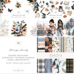 Könnte beinhalten: Eine digitale Grafiksammlung mit dem Titel Strange County, die 86 Dateien enthält, darunter Aquarell-Blumenarrangements, Clipart-Sets mit Objekten wie einem Rucksack und einer Kamera sowie nahtlose Muster mit Herbstblättern, Karos und Waldmotiven.