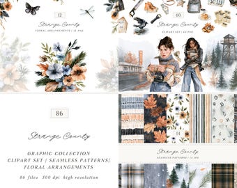Watercolor Mystery Fall Clipart Seamless Patterns Bundle, Strange County Moody Autumn PNG JPG Collection (Digital Download)