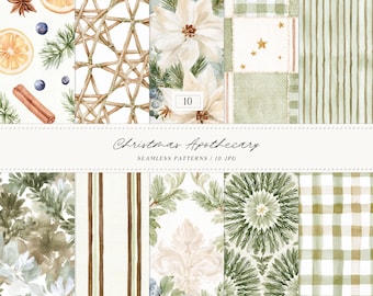 Watercolor Christmas Seamless Patterns, Apothecary Botanical Holiday JPG Collection (Digital Download)