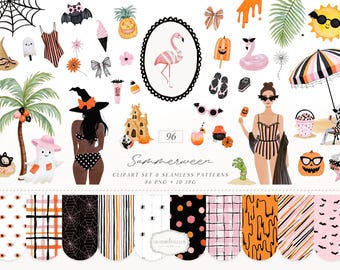 Summerween Clipart Bundle, Watercolor Halloween Beach Party PNG Patterns
