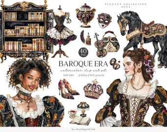 Imágenes prediseñadas de la era barroca de acuarela, imágenes prediseñadas vintage, PNG de romance antiguo, álbum de recortes, diario basura, scrapbooking de artesanías de papel, descarga digital