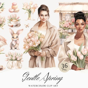 Aquarell Sanfter Frühling Clipart, Clip Art Gemütlicher Frühling, Tulpen Grafiken, Süßes Häschen, Blumen, saisonal, Aquarell Mädchen, digitale Aufkleber