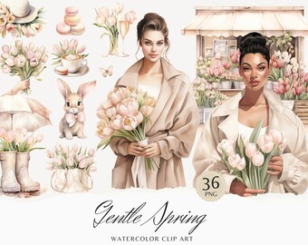 Watercolor Gentle Spring Clipart, Cozy Spring Clip Art, Tulips graphics, Cute Bunny, flowers, seasonal, watercolor girl, digital stickers