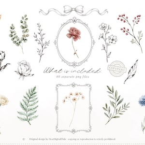 Op de afbeelding: Waterverf illustraties van bloemen, waaronder rozen, wilde bloemen en groen. De afbeelding bevat omlijste bloemstukken, een strik en de tekst "What is included: 80 separate png files."