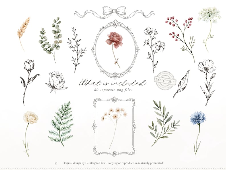 Op de afbeelding: Waterverf illustraties van bloemen, waaronder rozen, wilde bloemen en groen. De afbeelding bevat omlijste bloemstukken, een strik en de tekst "What is included: 80 separate png files."